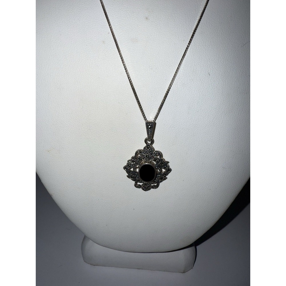 Sterling Silver‎ 925 Marcasite & Onyx Pendant Necklace